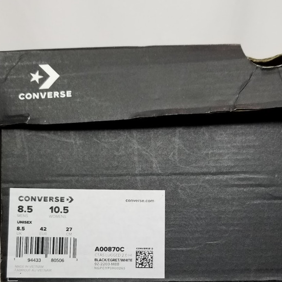 Converse CTAS Lugged 2.0 Canvas Hi Tops Women's 10.5 Black A00870C NWT - Picture 9 of 9